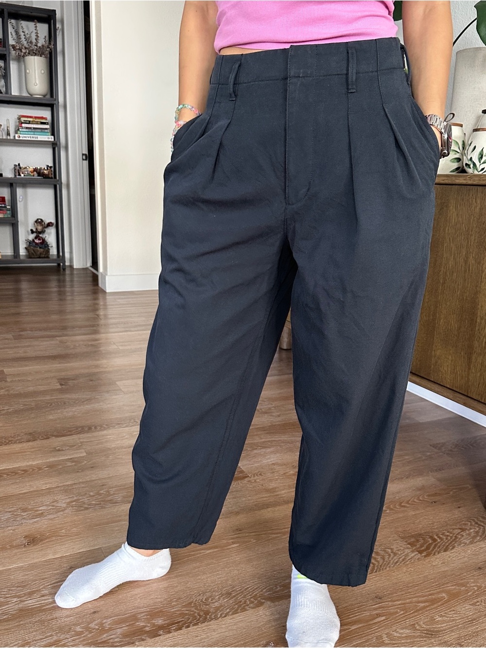 Madewell Dark Navy Pleated Barrel Leg Trousers Wool Cotton Blend